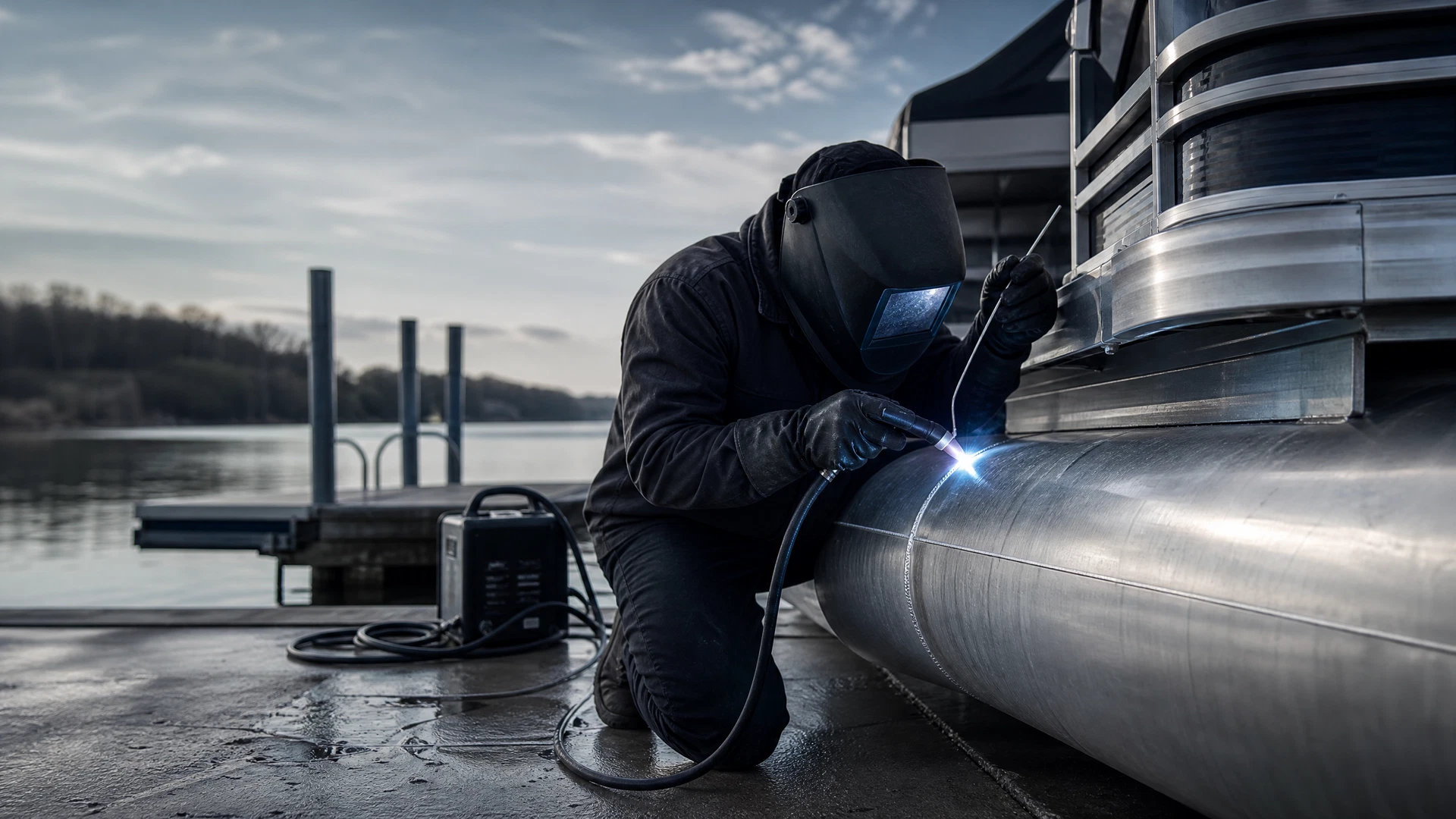 Mobile marine welding repair on a pontoon boat near a marina
